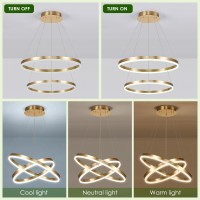 Benkut 2Rings Modern Led Chandelier Gold For Dining Room Circular Flush Mount Ceiling Chandelier Light Dimmable Pendant Light