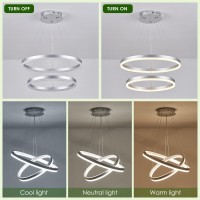 Benkut 2Rings Modern Led Chandelier Silver For Dining Room Circular Flush Mount Ceiling Chandelier Light Dimmable Pendant Ligh