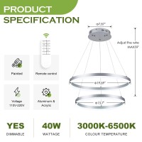 Benkut 2Rings Modern Led Chandelier Silver For Dining Room Circular Flush Mount Ceiling Chandelier Light Dimmable Pendant Ligh