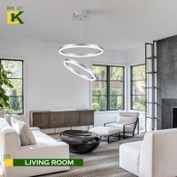 Benkut 2Rings Modern Led Chandelier Silver For Dining Room Circular Flush Mount Ceiling Chandelier Light Dimmable Pendant Ligh