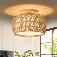 Alaislyc Boho Rattan Flush Mount Ceiling Lights 12 Inch Farmhouse Ceiling Light Fixtures Rustic Wicker Hand Woven Rope Cage For