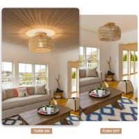 Alaislyc Boho Rattan Flush Mount Ceiling Lights 12 Inch Farmhouse Ceiling Light Fixtures Rustic Wicker Hand Woven Rope Cage For