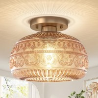 Oykyohei Semi Flush Mount Ceiling Light Fixture 11 Vintage Gold Hallway Lights Fixture Ceiling With Amber Glass For Kitchen