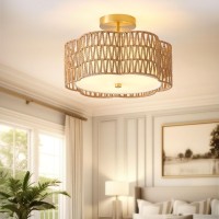 Giutna 136 Boho Light Fixtures Flush Mount 3Light Rattan Ceiling Light Fixtures Flush Mount Gold For Bedroom Flowershaped