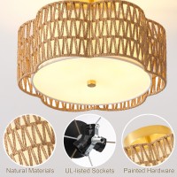 Giutna 136 Boho Light Fixtures Flush Mount 3Light Rattan Ceiling Light Fixtures Flush Mount Gold For Bedroom Flowershaped