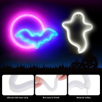 Brightdeck 2 Pack Halloween Neon Signs White Ghost Blue Bat Full Moon Neon Lights Decorations Usbbattery Powered Led Neon Si