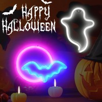 Brightdeck 2 Pack Halloween Neon Signs White Ghost Blue Bat Full Moon Neon Lights Decorations Usbbattery Powered Led Neon Si