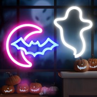 Brightdeck 2 Pack Halloween Neon Signs White Ghost Blue Bat Half Moon Neon Lights Decorations Usbbattery Powered Led Neon Sig