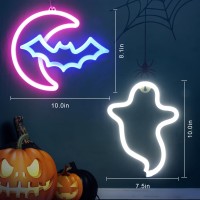 Brightdeck 2 Pack Halloween Neon Signs White Ghost Blue Bat Half Moon Neon Lights Decorations Usbbattery Powered Led Neon Sig