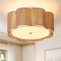 Giutna 177 Rattan Flush Mount Ceiling Light 3Light Boho Close To Ceiling Light Fixtures Rattan Bedroom Ceiling Light Farm