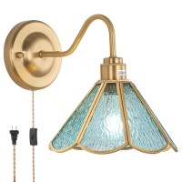 Shenmoyl Vintage Wall Sconce Wall Mounted Lamps With Blue Morning Glory Sconce Stained Glass Shade Brass Wall Lights Fixture W