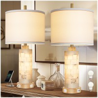 Natural Alabaster And Wood Table Lamp Set Of 2 With Night Light Nightstand Lamps With Usb Ports White Linen Fabric Shade Bedside