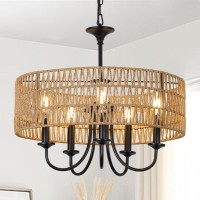 Lamsu Modern Farmhouse Chandelier Light Fixtures 5Lights Large Rattan Pendant Lighting With Hand Woven Wicker Shade Boho Blac