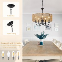 Lamsu Modern Farmhouse Chandelier Light Fixtures 5Lights Large Rattan Pendant Lighting With Hand Woven Wicker Shade Boho Blac