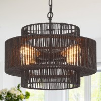 Widluth Handwoven Rattan Chandelier Vintage 4Lights Farmhouse 177 Boho Bamboo Chandelier Light Fixture Retro 3Tier Drum Wi