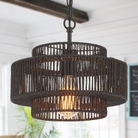 Widluth Handwoven Rattan Pendant Light Vintage 126 Farmhouse Boho Bamboo Pendant Lighting Fixture Small Retro 3Tier Drum Wi