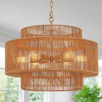 Widluth Handwoven Rattan Chandelier Vintage Farmhouse 6Lights Boho Bamboo Chandelier Light Fixture 236 Retro 3Tier Drum Wi