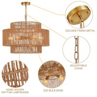 Widluth Handwoven Rattan Chandelier Vintage Farmhouse 6Lights Boho Bamboo Chandelier Light Fixture 236 Retro 3Tier Drum Wi