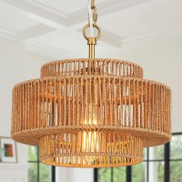 Widluth Handwoven Rattan Pendant Light Vintage 126 Farmhouse Boho Bamboo Pendant Lighting Fixture Small Retro 3Tier Drum Wi