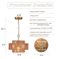 Widluth Handwoven Rattan Pendant Light Vintage 126 Farmhouse Boho Bamboo Pendant Lighting Fixture Small Retro 3Tier Drum Wi