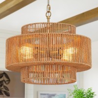 Widluth Handwoven Rattan Chandelier Vintage 4Light 177 Farmhouse Boho Bamboo Chandelier Light Fixture Retro 3Tier Drum Wic