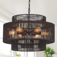 Widluth Handwoven Rattan Chandelier Vintage 6Light Farmhouse Boho Bamboo Chandelier Light Fixture 236 Retro 3Tier Drum Wic