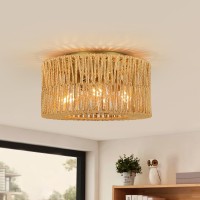 Foucasal Boho Light Fixtures Ceiling Mount 3Light Rattan Ceiling Light Flush Mount Cailing Lighting Woven Chandelier For Farm