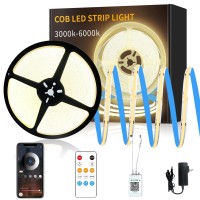 Yeewhale 50 Ft Cob Led Strip Lights 3000K Warm White Dimmable Dc 24V Flexible Led Tape Light For Bedroom With Remote And App Co