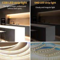 Yeewhale 50 Ft Cob Led Strip Lights 3000K Warm White Dimmable Dc 24V Flexible Led Tape Light For Bedroom With Remote And App Co