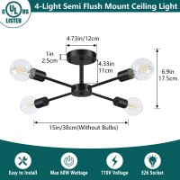 Lomoky 4Lights Black Semi Flush Mount Ceiling Light Light Fixtures Ceiling Mount With E26 Base Modern Sputnik Light Fixtures