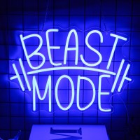 Cktbley Beast Mode Neon Sign Blue Letter Neon Gym Signs Motivational Wall Art Gym Decor Barbell Led Neon Lights Signs Dumbbell N