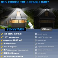 Vensstnor Solar Motion Sensor Flood Lights Outdoor 496Leds 3500Lm 3 Lighting Modes 3 Levels Brightness 6 Heads 360 Illuminati