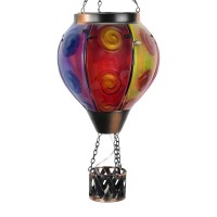 Upgraded Hot Air Balloon Solar Lantern With Candle Holder Flickering Flame Handmade Glass Hanging Outdoor Lantern Waterproof Lan