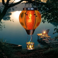 Upgraded Hot Air Balloon Solar Lantern With Candle Holder Flickering Flame Handmade Glass Hanging Outdoor Lantern Waterproof Lan