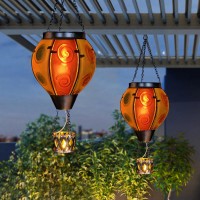 Upgraded Hot Air Balloon Solar Lantern With Candle Holder Flickering Flame Handmade Glass Hanging Outdoor Lantern Waterproof Lan