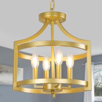 Wbindx Farmhouse Chandelier 4 Lights Gold Semi Flush Mount Ceiling Light Fixture Convertible Hanging Pendant Lighting Industria