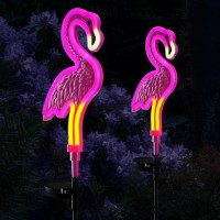 2Pack Solar Flamingo Pink Neon Light Flamingo Solar Lights Outdoor Yard Flamingos Waterproof Garden Stake Light Flamingo Lights