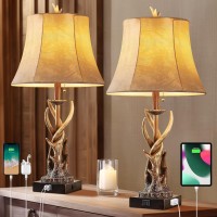 Youthost Rustic Antler Table Lamps Set Of 2 With Usb Ac Ports For Bedroom Farmhouse Deer Bedside Lamps With Faux Leather Bell S