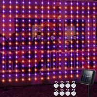 Orange Purple Halloween Solar Curtain Lights Outdoor 79Ft X 6Ft 144 Led Waterproof Curtain Lights With 8 Modes Timer Waterfall