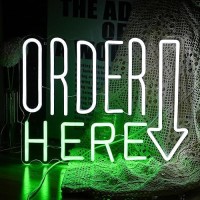 Order Here Neon Sign Cool White Green Letter Neon Light For Wall Decor Dimmable Usb Led Light Up Words Sign For Restaurant Shop