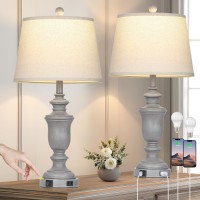 Cinkeda 26 Gray Table Lamps Set Of 2 With Usb Ca Ports Ac Outlet For Farmohouse Living Room Retro Bedroom 3Way Dimmable To