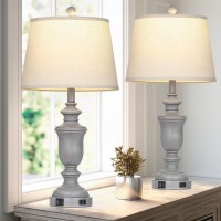 Cinkeda 26 Gray Table Lamps Set Of 2 With Usb Ca Ports Ac Outlet For Farmohouse Living Room Retro Bedroom 3Way Dimmable To