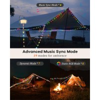 Camping String Lights Outdoor With Music Sync Quick Storage Led String Lights With 7 Rgb Colors 12 Mode Tent Lights Portable