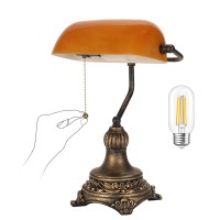 Nissafors Bankers Lamp With Pull Switch Amber Glass Desk Lamp With Retro Blackgold Finish Vintage Table Lamps For Living Room