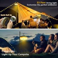 Camping String Lights Portable Waterproof Solar Powered Camping Light With Snap Hook 33Ft String Camp Lantern With Usb Recharg