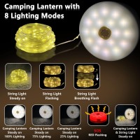 Camping String Lights Portable Waterproof Solar Powered Camping Light With Snap Hook 33Ft String Camp Lantern With Usb Recharg