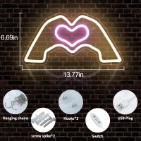 Sintenill Heart Hands Neon Sign Room Decor Pink Heart Neon Signs For Wall Decor Aesthetic Usb Powered Led Neon Lights For Gir