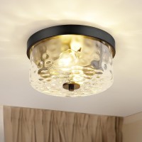 Emak 11 Inch Flush Mount Ceiling Light Fixture Modern Black Light Fixtures Ceiling Mount With Hammered Glass Shade 2Light Dru