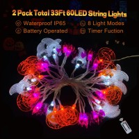 2 Pack Halloween Lights Outdoor Indoor Total 33Ft 60 Led Pumpkin Bat Ghost Halloween String Lights Battery Operated With Timer