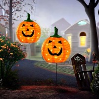 Solar Halloween Pumpkin Led Lights Set Of 2 Big Pumpkin Stake Lights 2 Modes For Outdoor Halloween Pathway Yard Garden Decorati